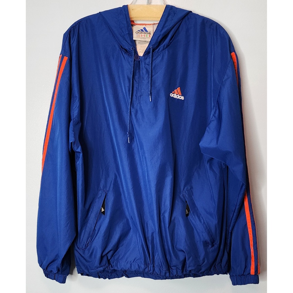 Y2K Vintage Adidas Windbreaker Mens Small Blue Orange Hooded Pullover EUC